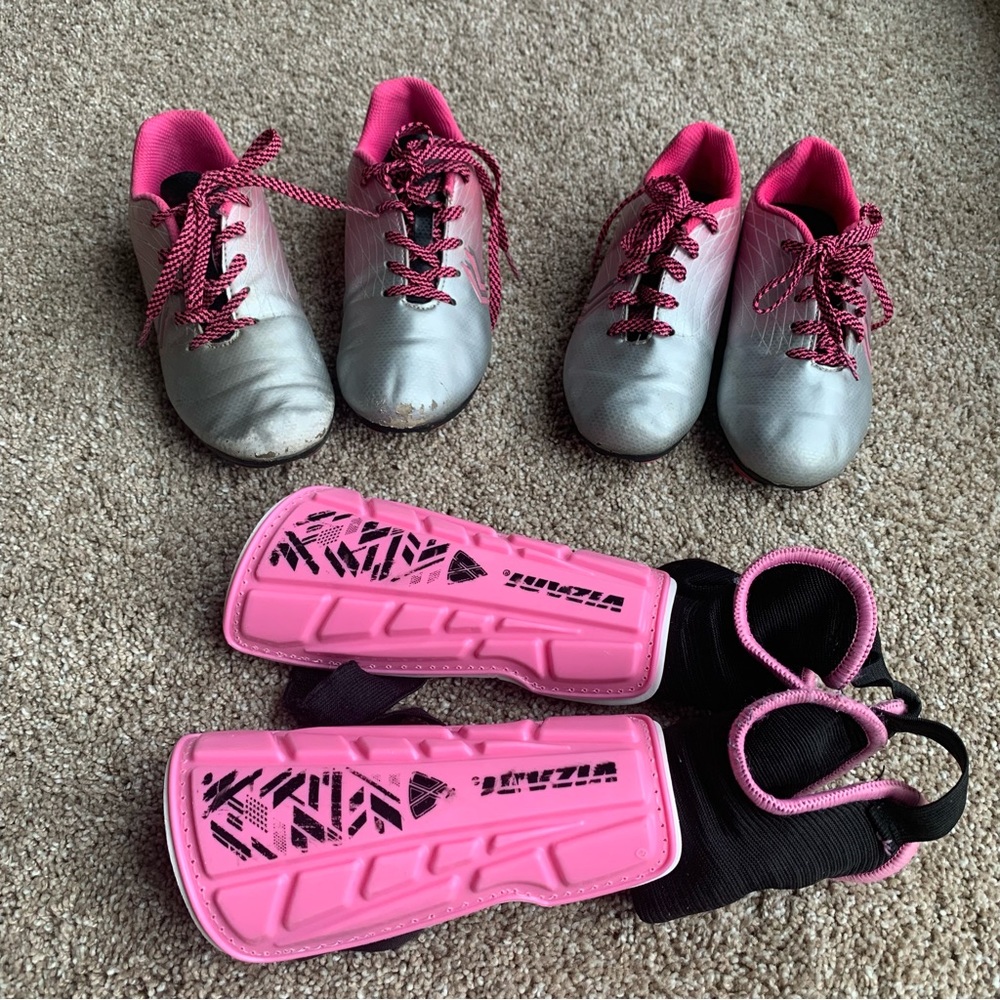 Girl’s Cleats Sz 12K and 1 & One Pair of Shin Guards Size Small
